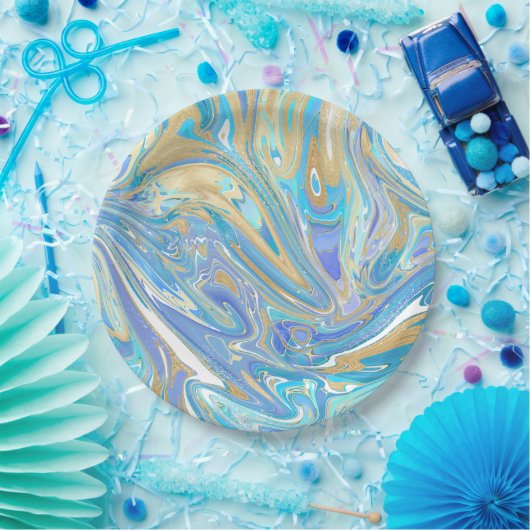 Assiettes En Carton Pearlescent Aqua & Gold en marbre liquide (Fête)