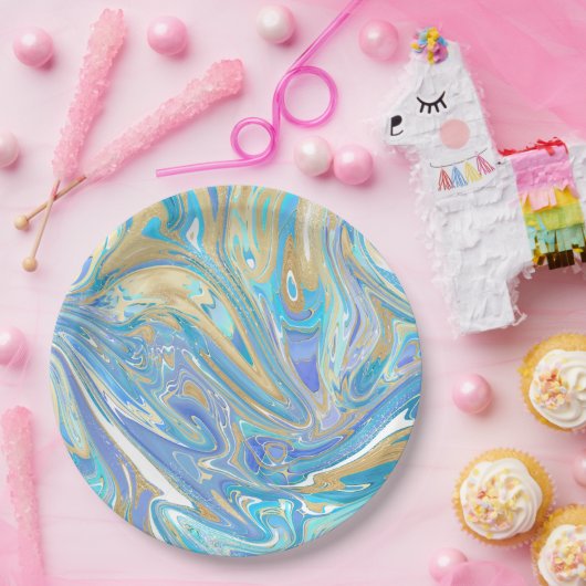 Assiettes En Carton Pearlescent Aqua & Gold en marbre liquide (Fête)