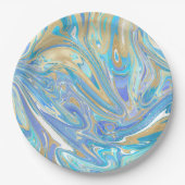 Assiettes En Carton Pearlescent Aqua & Gold en marbre liquide (Devant)