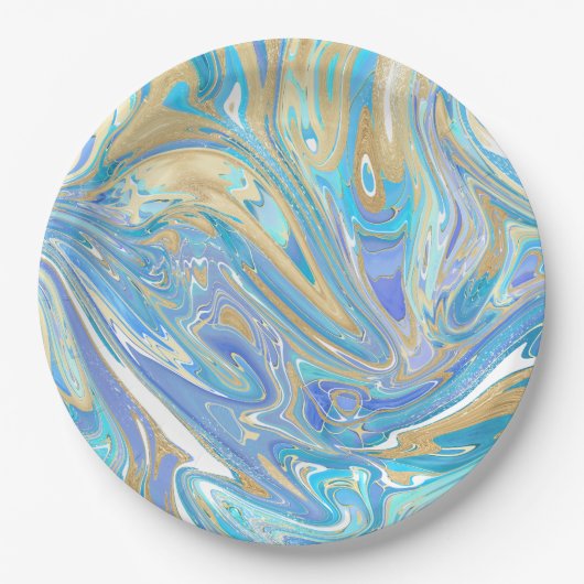 Assiettes En Carton Pearlescent Aqua & Gold en marbre liquide (Devant)