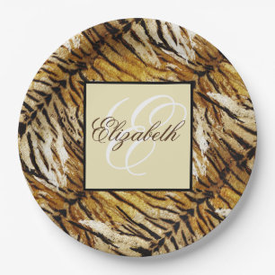 Assiettes En Carton Peau de tigre, monogramme, élégant, tigre, rayé, a