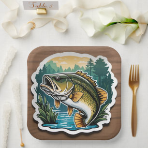 Assiettes En Carton Pêche à grande bouche Basse Poisson sur bois