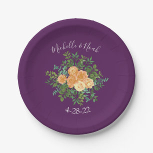 Assiettes En Carton Pêche & Plum Purple Peony & Rose Floral Mariage