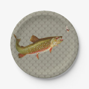 Assiettes En Carton Pêche vintage à la truite arc-en-ciel