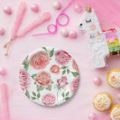 Assiettes En Carton Pêcher Corail rose Roses Verdure Feuilles Shabby C (Fête)