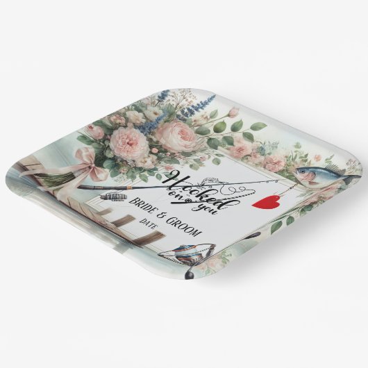 Assiettes En Carton Pêcheur mariage avec verge et fleurs (Angulaire)