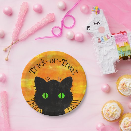Assiettes En Carton Peeeking Chat noir Halloween Aquarelle Design (Fête)