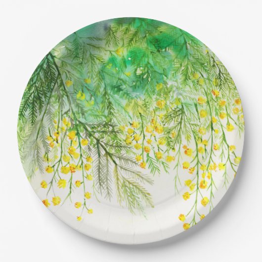 Assiettes En Carton Peinture à l'aquarelle jaune brillant Mimosa (Devant)