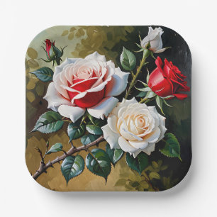 Assiettes En Carton Peinture à l'huile de roses roses blanches rouges