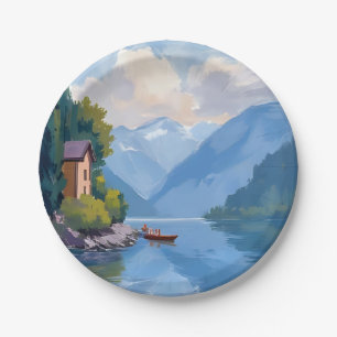 Assiettes En Carton Peinture aquarelle du lac de Côme, Italie