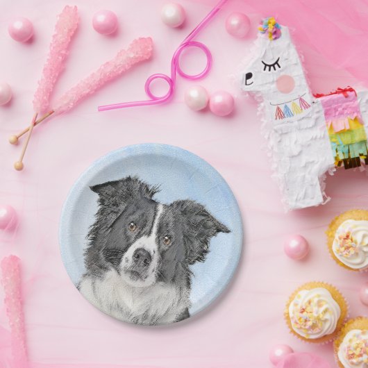 Assiettes En Carton Peinture Collie Bordure - Joli art original chien (Fête)