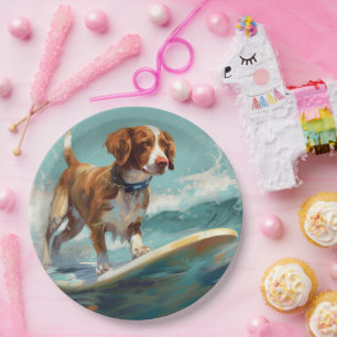 Assiettes En Carton Peinture de Brittany Spaniel faisant du surf sur l