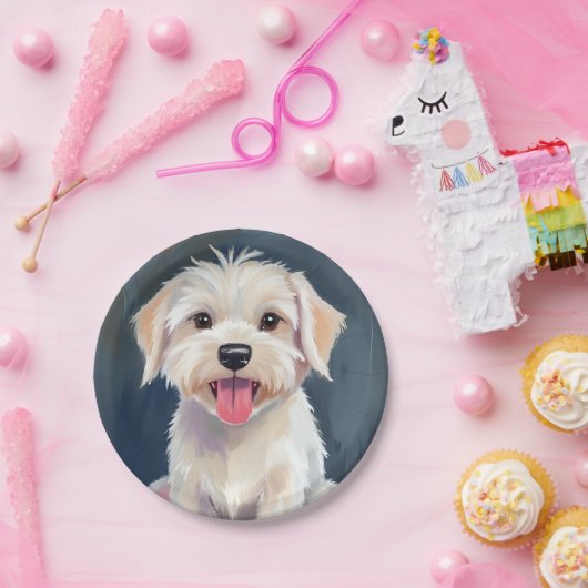 Assiettes En Carton Peinture de Chien Blanc Chien Maltais (Fête)
