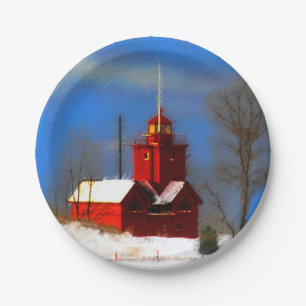 Assiettes En Carton Peinture de phare rouge - Art original