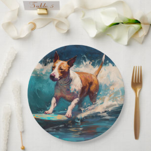 Assiettes En Carton Peinture de surf sur la plage de Bull Terrier