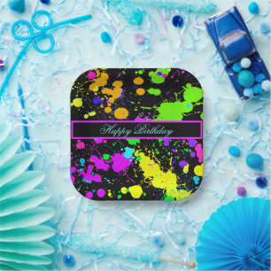 Assiettes En Carton Peinture néon rose vert violet Joyeux Anniversaire