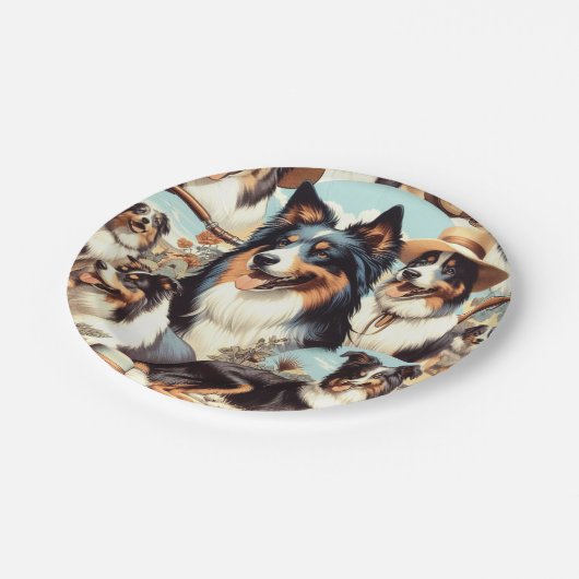 Assiettes En Carton Peinture rétro Australian Shepherd sans couture (Angle)