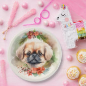 Assiettes En Carton Pekingese Christmas Wreath Festive Pup (Fête)