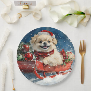 Assiettes En Carton Pékinois en traîneau Laissez-le neiger Noël