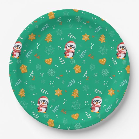 Assiettes En Carton Penguin Père Noël Joyeux Joyeux motif d'arbre de N (Devant)