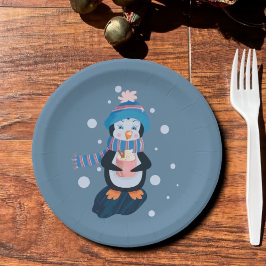 Assiettes En Carton Penguin with Hot Cocoa Blue Holiday Paper Plate