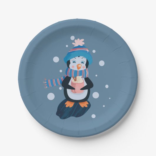 Assiettes En Carton Penguin with Hot Cocoa Blue Holiday Paper Plate (Devant)