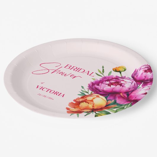 Assiettes En Carton Peonées de pêche magenta rose élégante douche nupt (Angle)