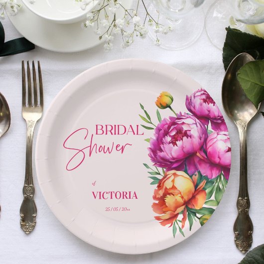 Assiettes En Carton Peonées de pêche magenta rose élégante douche nupt