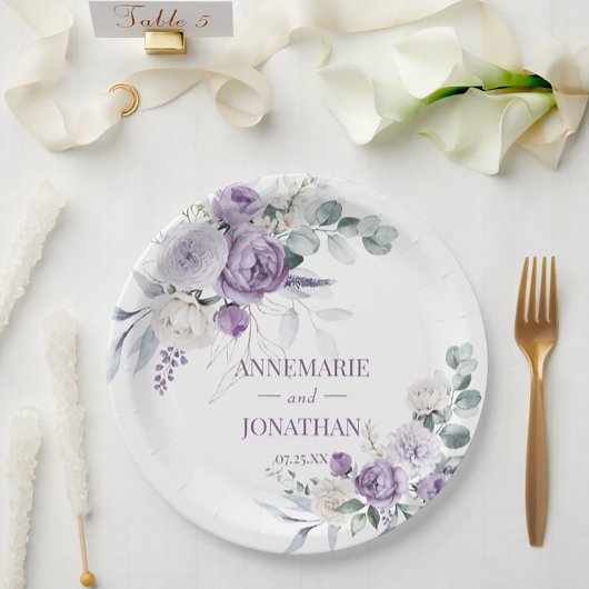 Assiettes En Carton Peonies de lavande, Roses blanches Mariage floral