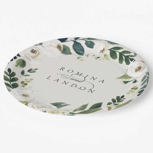 Assiettes En Carton Peony blanc | Mariage fleuri personnalisé (Angle)