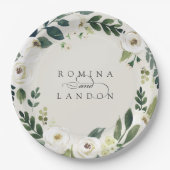 Assiettes En Carton Peony blanc | Mariage fleuri personnalisé (Devant)