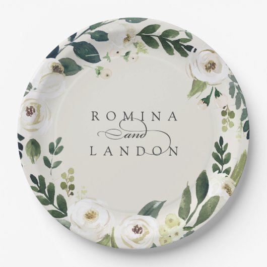 Assiettes En Carton Peony blanc | Mariage fleuri personnalisé (Devant)