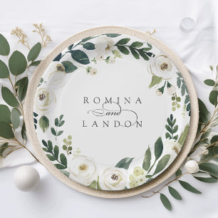 Assiettes En Carton Peony blanc Mariage fleuri personnalisé