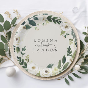 Assiettes En Carton Peony blanc   Mariage fleuri personnalisé