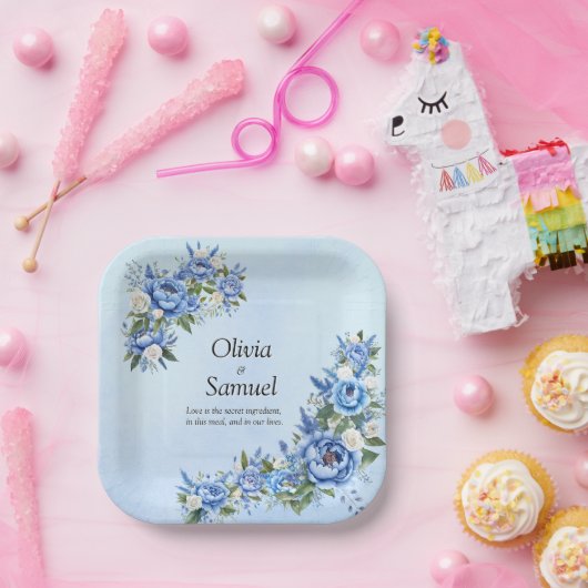 Assiettes En Carton Peony bleu sur Carré bleu 7" (Fête)