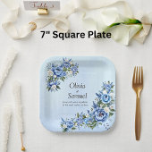 Assiettes En Carton Peony bleu sur Carré bleu 7"