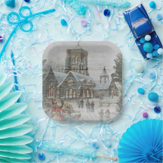 Assiettes En Carton Père Noël ancienne avec enfants devant une église (Fête)