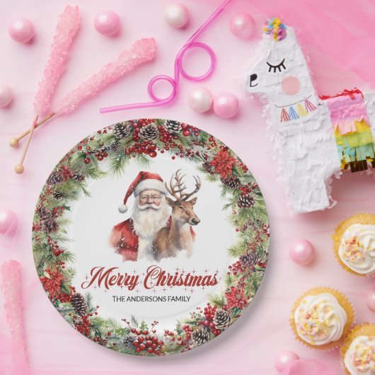 Assiettes En Carton Père Noël classique vert et rouge avec rennes (Fête)