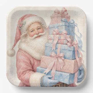 Assiettes En Carton Père Noël de Noël rose pastel avec des cadeaux