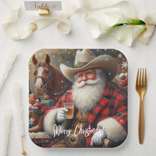 Assiettes En Carton Père Noël en Cowboy Noël Casquette (Mariage)