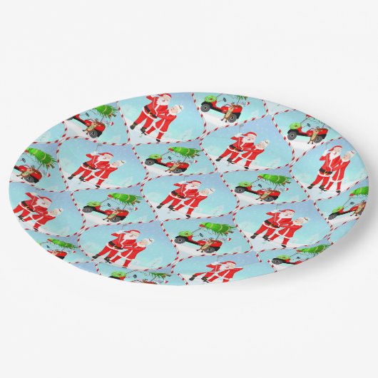 Assiettes En Carton Père Noël Et Mme Claus Golfing Ogee Motif (Angle)