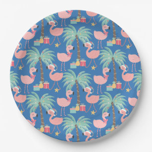 Assiettes En Carton Père Noël Flamant rose - Fun Blue Tropical Christm