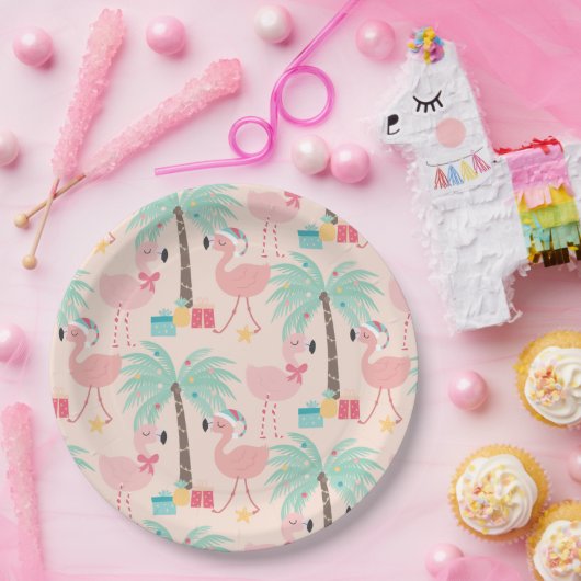 Assiettes En Carton Père Noël Flamant rose - Fun rose Tropical Noël (Fête)
