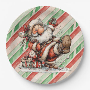 Assiettes En Carton Père Noël glissant dans la neige