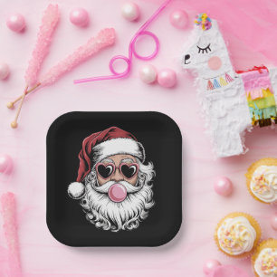 Assiettes En Carton Père Noël Rétro Avec Lunettes Soufflant une Bulle 