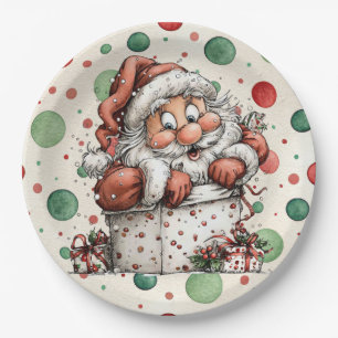 Assiettes En Carton Père Noël sortant d'une boîte de cadeau