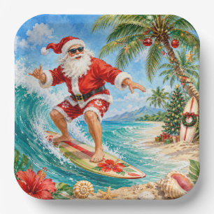 Assiettes En Carton Père Noël surfant sur la plage vue sur la fête de