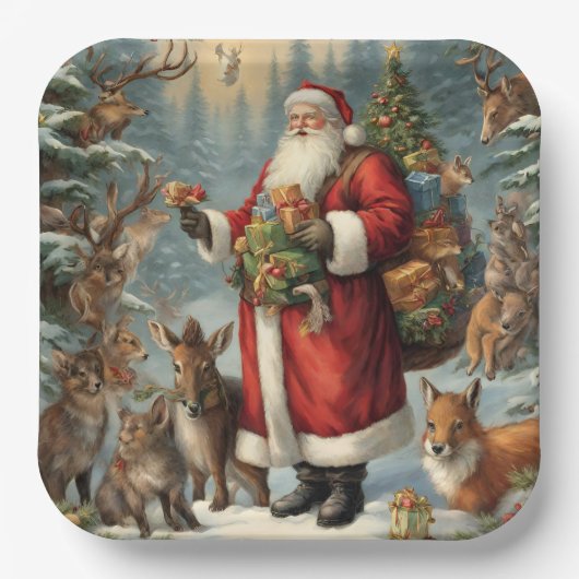 Assiettes En Carton Père Noël victorienne avec animaux présents et for (Recto)