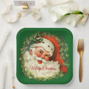 Assiettes En Carton Père Noël vintage avec couronne de pin Noël
