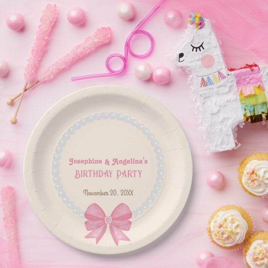 Assiettes En Carton Perle rose Bow Photo Girl Joint Anniversaire Bienv (Fête)